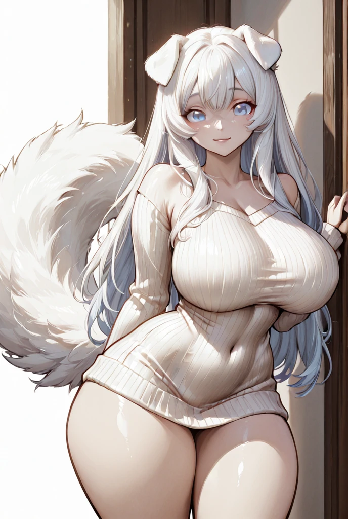 score_9, score_8_up, score_7_up, detailed background, by riyo_(lyomsnpmp), 1girl, solo, anthro cat, Green Eyes, white fur, short long hair, white fur, basement background, Plastic skin, fuzzy fur, absurd res, Big butt, standing, front view, Breasts, Big breasts, toy, naked