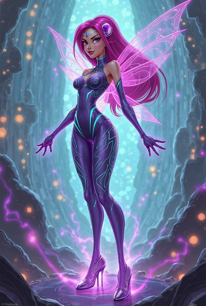 Generate a 7-foot tall humanoid creature, with iridescent skin, three violet eyes - two on the palms of its hands, hair made of luminescent spines, long slender limbs with six webbed digits each, gill-like slits on its neck, and large, translucent, dragonfly-like wings sprouting from its back