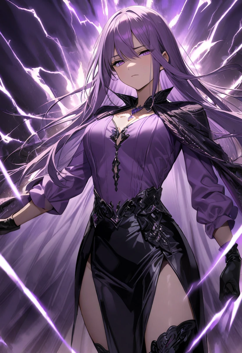 Long purple hair, gothic clothing, black jacket, lilac blouse, large breasts, thin waist, thick legs, purple colored women's boots, silver necklace, purple colored eyes, blue skirt, dark night scenery.