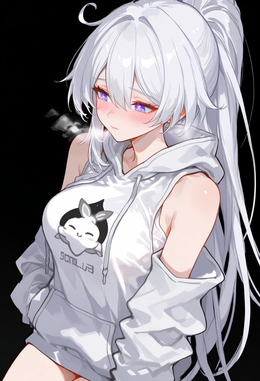 1_girl, solo, best quality, masterpiece, , ,short, huge breasts, white hair,low twintails, purple eyes, yukine chris, thin twintails, (happy), wearing a anime T-shirt, blue denim shorts, upper body portrait, kneeling