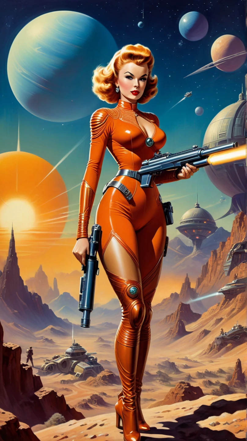 painting of a woman holding a gun in front of a bunch of aliens, style = retro-futurism, hollow earth infographic, minigun, inspired by Gil Elvgren, anamorphic widescreen, looks at the nuclear explosion, pretty space stars, a blonde emerald warrior, musk ( 2 0 2 4 ), youtube thumbnail, 2030s, artist rendition --auto --s2