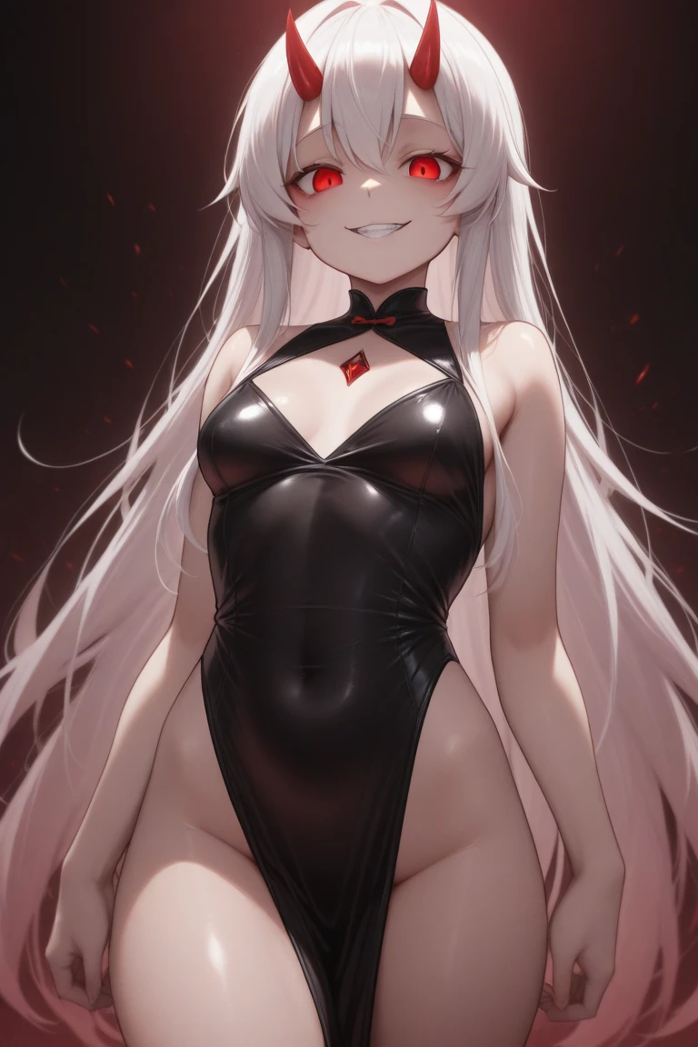 lineart, beautiful demonic woman, sexy, white long hair,big fangs, horns, <lora:attire_catlingerie:1> catlingerie, choker, neck bell