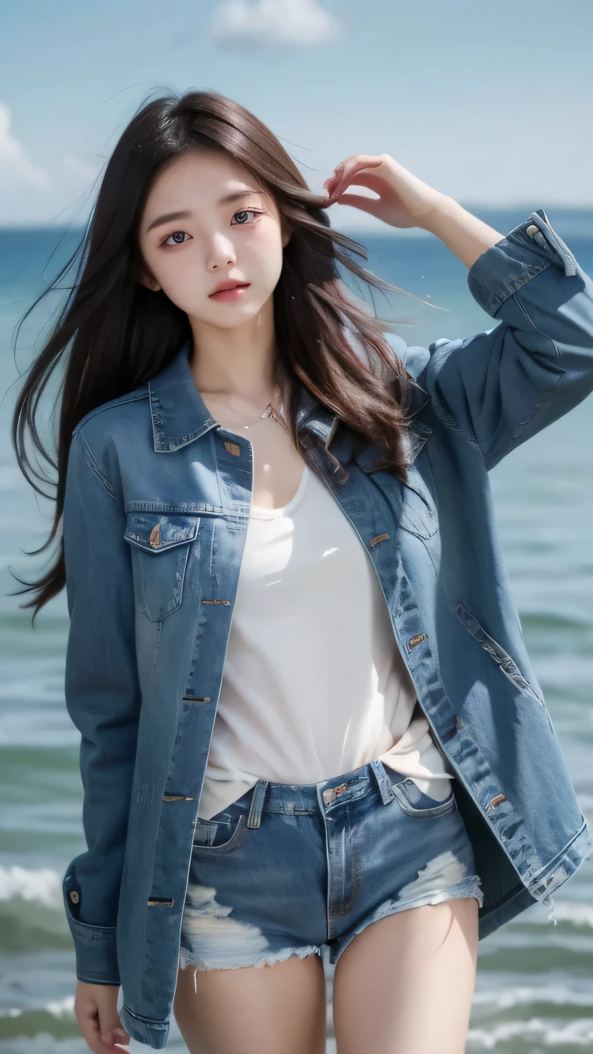 Young Japanese woman, 20 years old, wearing a jeans jacket, denim shorts, sea background, simple background, long brown hair, slim, 4K, medium 8K, high resolution, beautiful woman, beautiful eyes, simple, high resolution, alone, beautiful skin, beautiful skin, white leotard, long beautiful legs, hair blowing in the wind