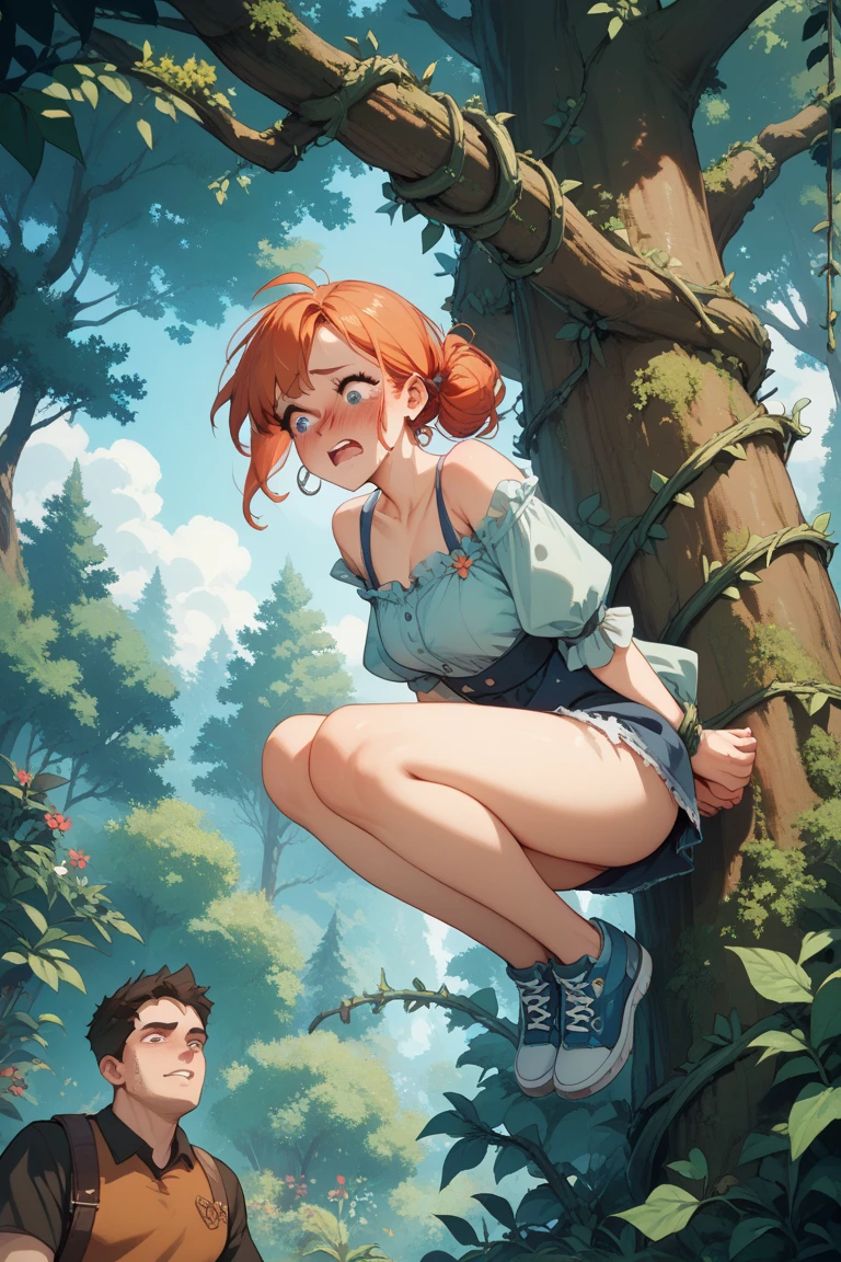 (Masterpiece), Best Quality, ultra-detailed, 1girl (Gwendolyn_Tennyson, beautiful face, breasts, orange hair, short hair, green eyes), , a surprised face, open mouth, nose blush, blush, , solo, nude, torn shirts, in the forest, tree, kabedon pov, kabedon against tree, standing,1boy, ass grab, sex,hetero, doggystyle sex, sex from behind, cumdrip from her pussy