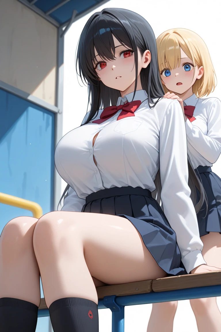 Two girls standing side by side,high school girl,RAW Photos,High Cut,Low Angle(school uniform,mini skirt,Pleated skirt,crossed arms,breast hold,Flashy Panties,Beautiful curves,The best white panties,Exquisite panties,pubic hair),smile,barefoot,Cowboy Shot,cameltoe,from below:1.7,pointybreasts,Ultra HD,Highest quality, Ultra-high resolution:1.3, Brown Skin(very fine and beautiful skin),blonde, Black gal, Highest quality:1.3,(masterpiece), (Very detailed8K:1.1),Very detailed,Cinema Lighting, Detailed light, Best Shadow, Dynamic Angle,(Super big breasts:1.8), Plump thighs,Wet,Indentation:1.1,Poolside
