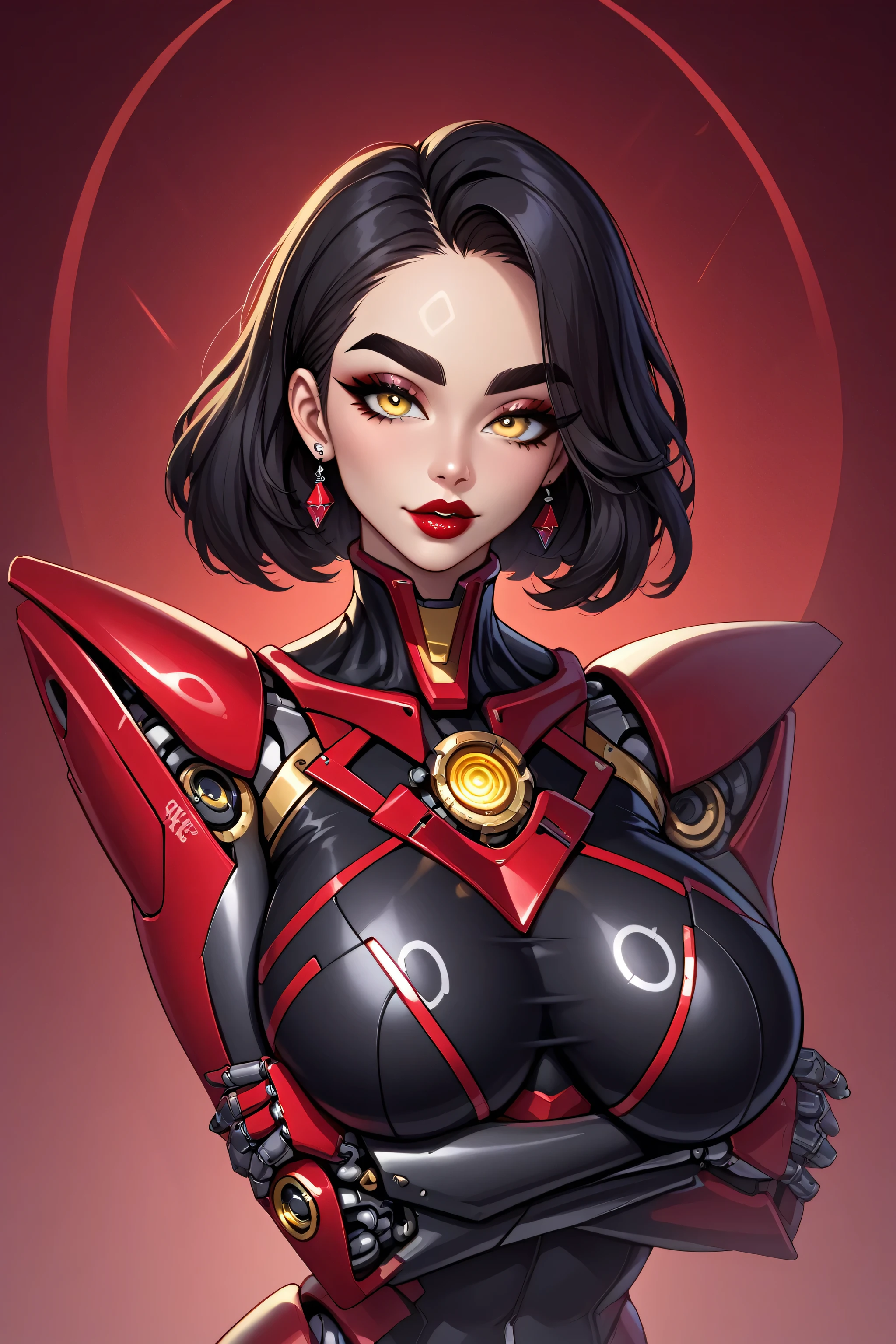 (Perfect Face), (Black Medium Hair), (Black Thick Eyebrows), (Big Bionic Yellow Eyes), (Red Thick Lipstick), (Female Robot), (Beautiful Woman), Looking At Viewer