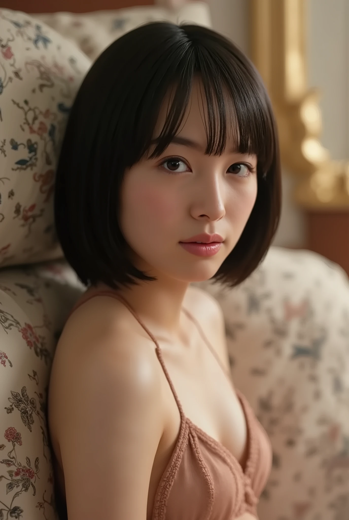 (( of the highest quality )), ((masterpiece)), ( details), first person view ,one girl on her back, petite women, glamorous women ,( in the bedroom ),((and open my mouth wide )),((very large breasts, underwear, short bob)), black hair with a young pattern , (( without makeup, small eyes))