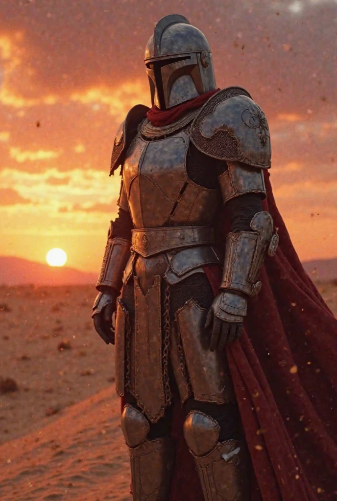 A highly realistic, high-contrast, 8K HD, detailed, hyper-detailed image of a fully armored knight bearing a lion emblem on his chest, standing while clutching his abdomen in pain after being defeated in battle. His face is obscured by a helmet, ensuring that no facial features are visible. The knight’s armor is marked by the harshness of the battle, with dents and bloodstains visible across its surface. Surrounding him are the bodies of other fallen knights, their armor similarly marked by the brutal combat. The desert sun casts a stark, unforgiving light over the scene, with long shadows stretching across the sand. The atmosphere is somber and intense, capturing the suffering and despair of the knight in his final moments. The image is of the highest quality, with ultra-high resolution, RAW photo quality, and Unreal Engine rendering, vividly depicting the tragic and harrowing scene in the vast, desolate desert.