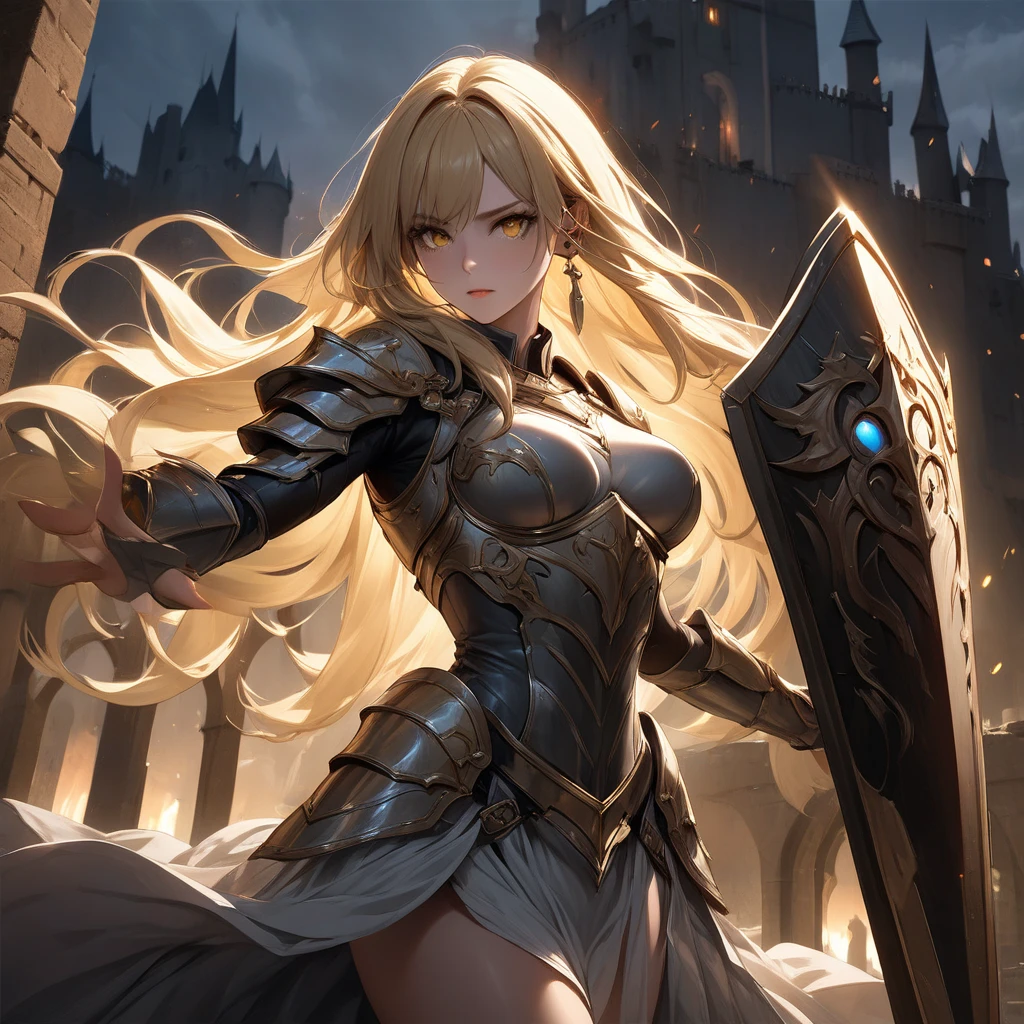 Beautiful, big breasted, single, 1 girl with long hair, blonde hair, brown eyes, warrior outfit, showing off her breasts and thighs. Brown and gold tones Great power swirled with stones and golden light. Both hands held a greatsword and rested it on his shoulder. The greatsword glowed with light. and the magic power on the sword shone brightly. clear greatsword The image of the greatsword was striking. The clearest image of both hands holding a greatsword and resting on their shoulders.
