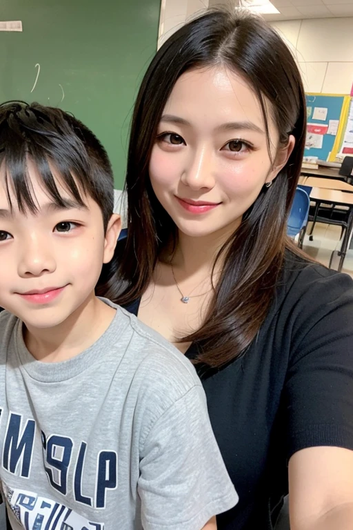 Sister and Younger brother, look like love, During class, school, one boy one girl, Desk, note, writing, sitting, high detailed real face, smile, beautiful skin, high detailed skin, beautiful eyes, high detailed finger, high detailed hand, masterpiece,