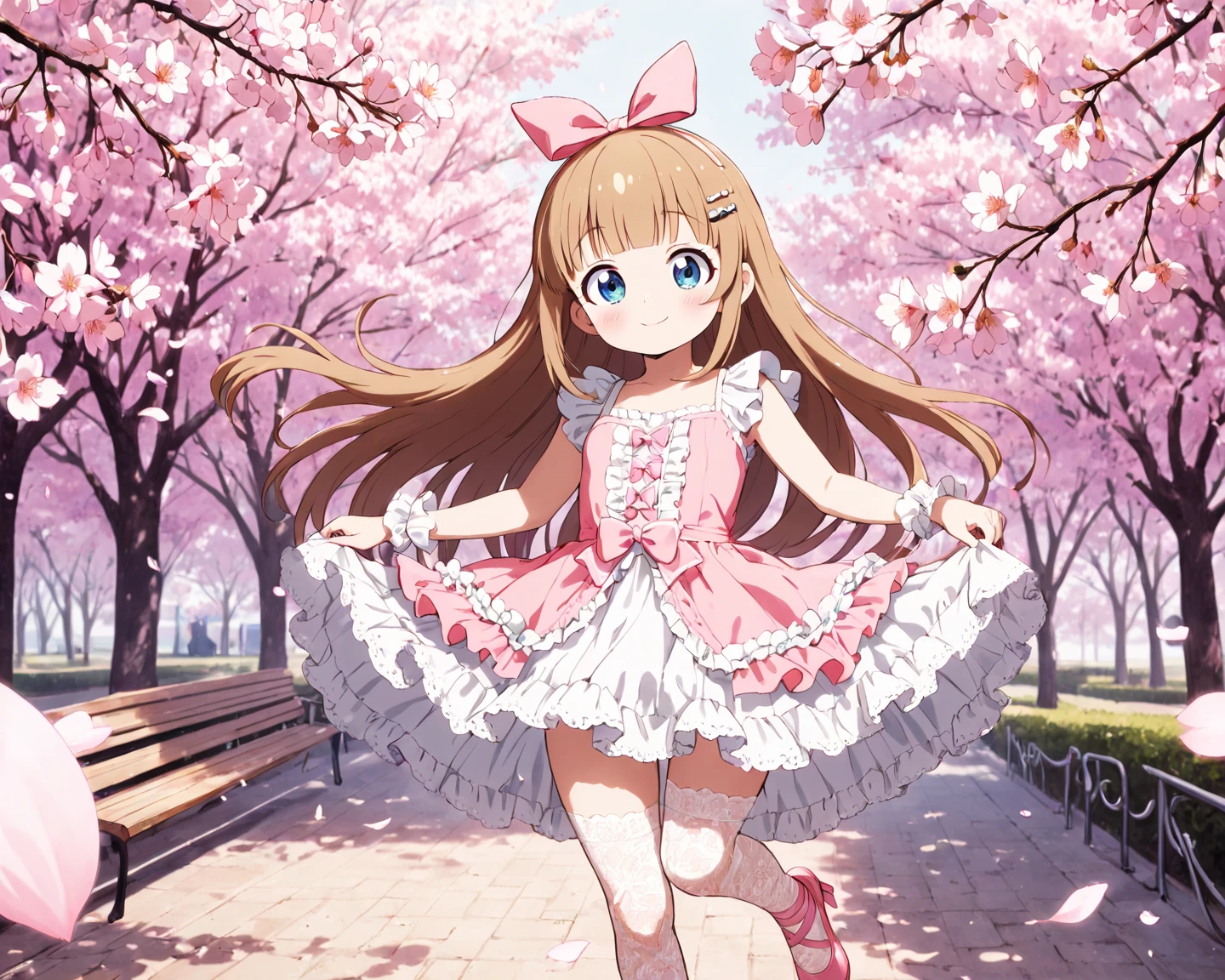 (masterpiece, best quality, detailed:1.5), 1girl, sitting, <lora:girllikeparkslide:1>park slide, petal, wind, playground BREAK  <lora:locon_cure_heart_04:0.8> cure heart, blonde hair, heart hair ornament, pink skirt, pink sleeves, detached sleeves, boots, heart, hair ribbon, ((pink shorts under skirt)), [[high ponytail]]