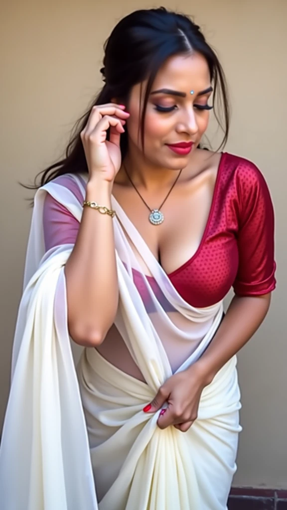 Beautiful desi milf with glowing fair skin curly hair 28 age, wearing wet saree showing clivage and navel
