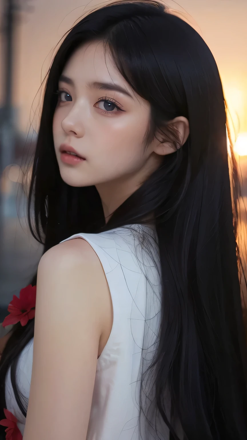 1girll,Solo,1girll,Solo,((Beautiful detailed eyes)), (Detailed light),Depth of field,(White hair),Silver eyes,hair on one eye,(Red flower ), hair flower,Long hair,Black cloak,Wet,emotive,Looking back,Night,Starfall,rained,Heavy fog,Red flowers fall,Sketch,Upper body,intense shading,