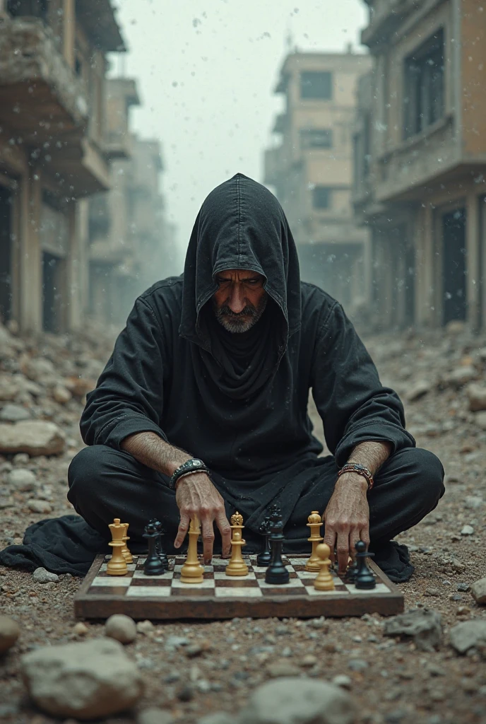 ren playing chess in Gaza in sorrow amid the war. ren in pain