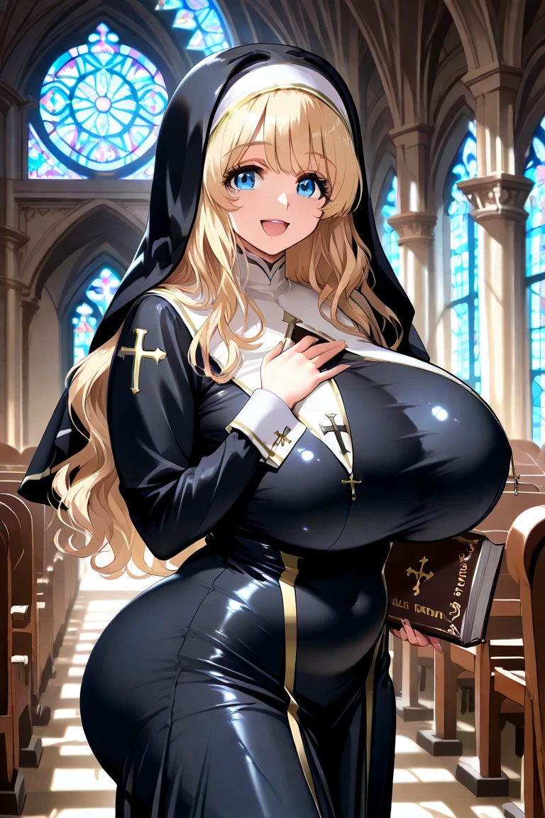 masterpiece, best quality, official art, extremely detailed CG unity 8k wallpaper, detailed background, (hand by Guido Daniele), (detail fingers), 1 mature girl, (curvy), (nun), (holding Bible, book with cross on cover:1.12), (standing in church), (nun gown:1.12), (breast curtains:1.12), (nun skirt:1.11), (white garter straps garter belt:1.12), (blonde long hair:1.12), (ahoge:1.13), (hair intakes:1.12), (green eyes:1.2), blush, (loving smile, holy smile), (huge breasts), (long breasts, hanging breasts:1.12), (breasts apart), narrow waist, shiny skin, (cross necklace), indoors, (sacred scene), (church:1.11), (sunlight streaming through stained glass),