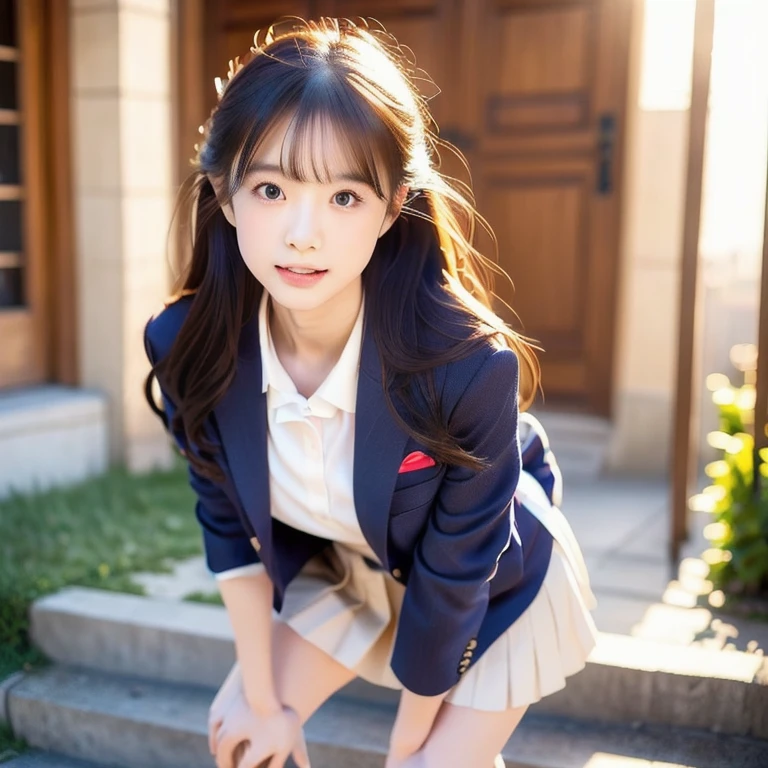 Cute high school girl squatting in the school classroom,red tie uniform,dark blue closed blazer,Super super super mini skirt with blue plaid pattern:1.2,18-year-old,best smile,thighs,knees,pretty girl,slender girl,Blonde short cut with side waves:1.4,wear cute sneakers,white panties:1.5,