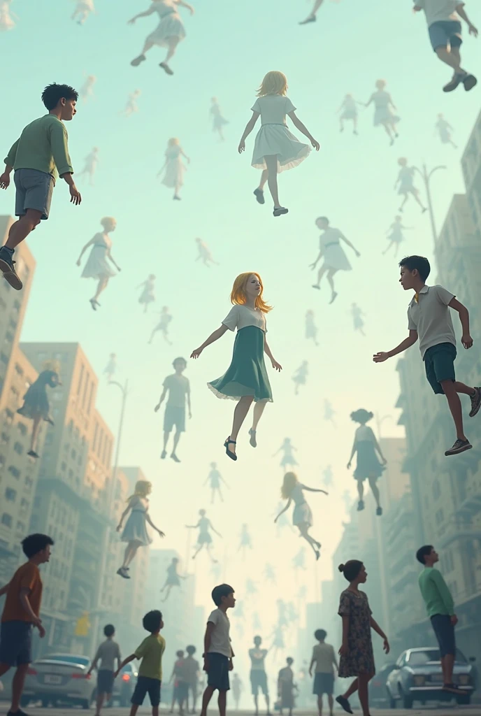 Create many people, Women in casual knee-length skirts, men in casual long pants flying into the sky , and below panoramic view of a city