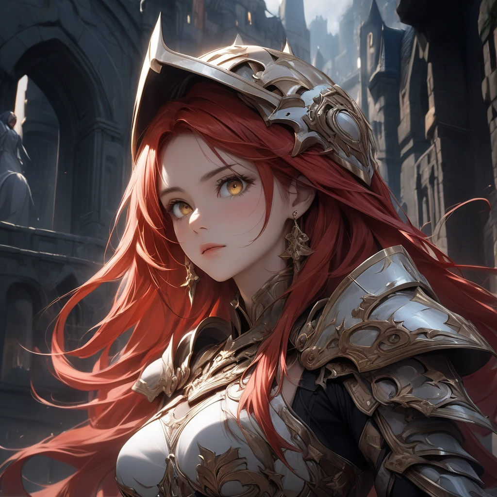 masterpiece,best quality,extremely detailed CG,ultra-detailed,1woman,fantasy,general,swordfighter,evil smile,elaborately designed plate armor,forehead protector,dark red eyes,circlet,