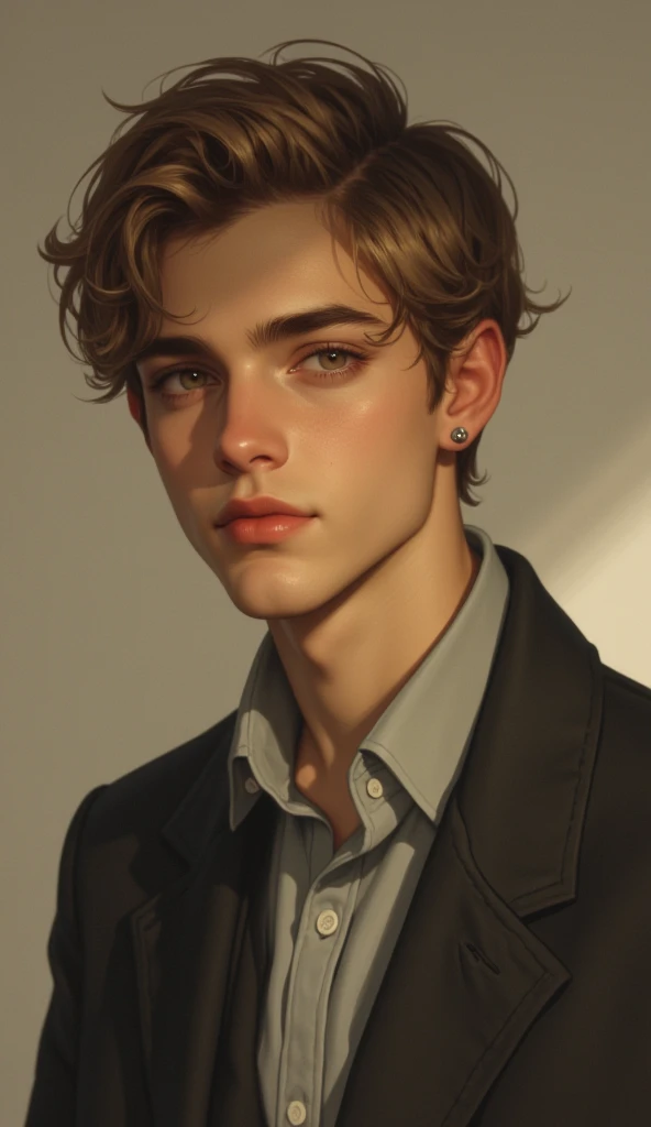 Male with short wavy golden brown hair and light green eyes 