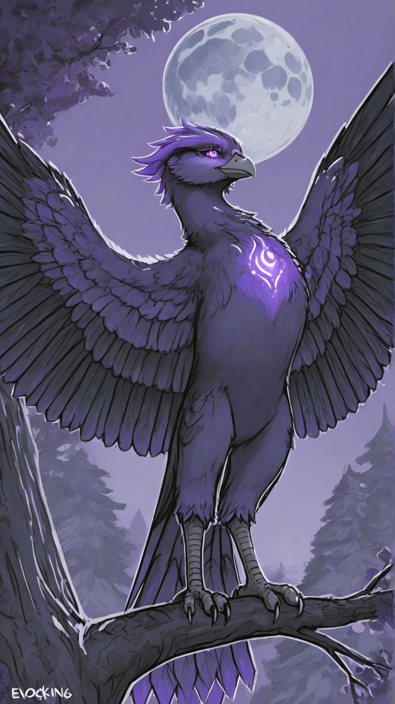 A really tall owl furry with big wings his eyes are a deep purple and he has a very happy esxpression on his Beak, he also has a "v" pattern on his feathers