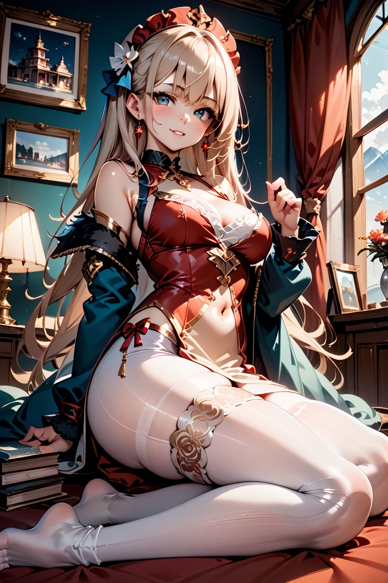 <lora:BlackStocking2:0.8> legs, pantyhose,, ultra detailed, masterpiece, best quality, aesthetic, detailed,, solo, soft smile, light smile,
1girl, blue eyes, very long hair, blonde hair, long blonde hair, french braid, bangs, medium breasts,