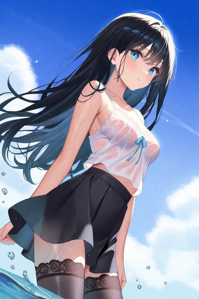 a beautiful young girl with long black hair and bright red eyes, wearing a swimsuit and standing with a bright smile, holding a white paper up towards the viewer, set against a backdrop of a blue ocean and sky with shimmering light reflections on the water