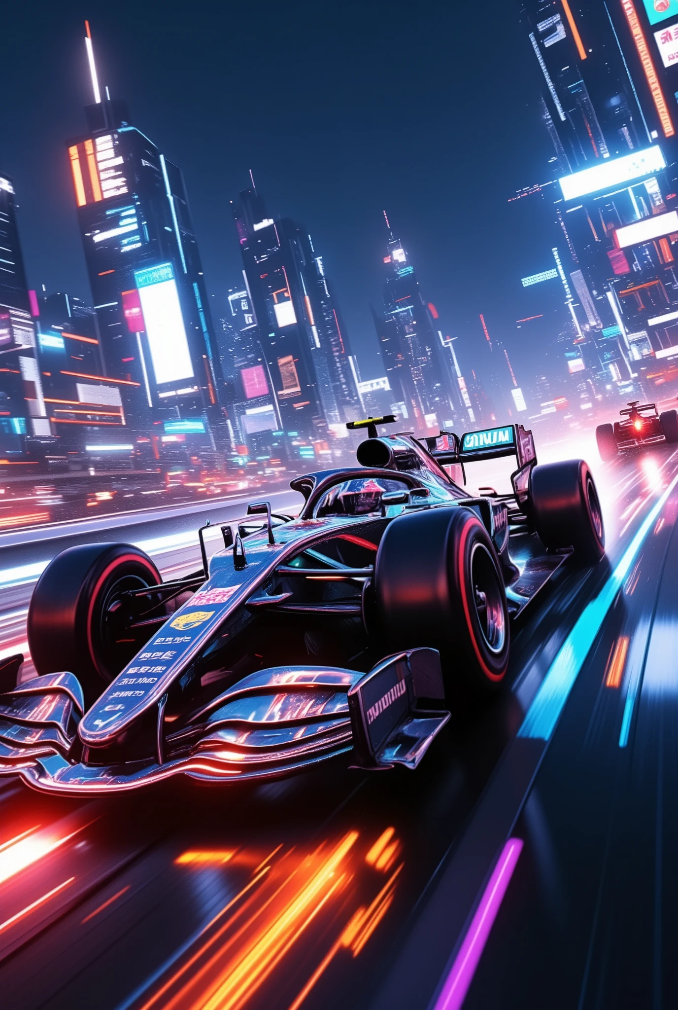 F1 racing, high-speed motion, chrome-bodied race cars, sleek aerodynamic design, neon light trails, futuristic race track, night cityscape backdrop, glowing reflections on the chrome, cyberpunk style, intense speed blur, vibrant lighting, glowing tire streaks, cinematic angle, dynamic perspective, heat haze, motion sparks, adrenaline rush, advanced tech details, illuminated markings on the road, glowing logos, electrifying atmosphere, ultra high detail, 4K, racing intensity, high-energy scene