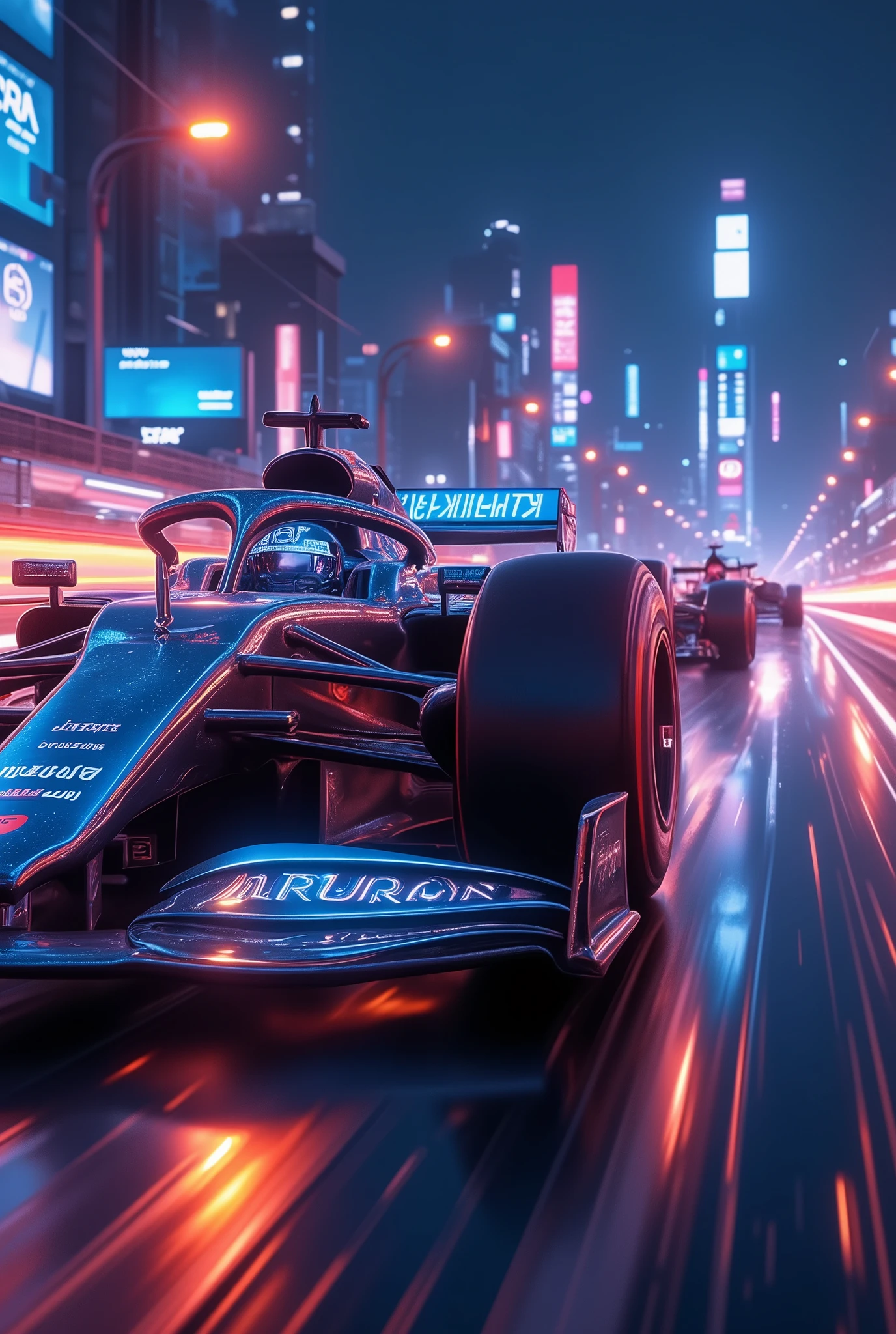 F1 racing, high-speed motion, chrome-bodied race cars, sleek aerodynamic design, neon light trails, futuristic race track, night cityscape backdrop, glowing reflections on the chrome, cyberpunk style, intense speed blur, vibrant lighting, glowing tire streaks, cinematic angle, dynamic perspective, heat haze, motion sparks, adrenaline rush, advanced tech details, illuminated markings on the road, glowing logos, electrifying atmosphere, ultra high detail, 4K, racing intensity, high-energy scene