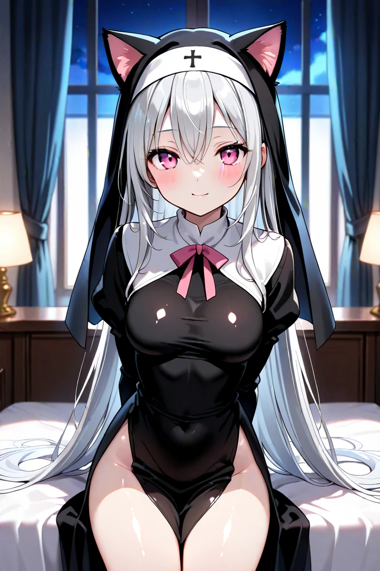 Best quality, tmasterpiece, 1 slutty school girl,A virgin,Long white hair,Black nightdress,cute women,ssee-through