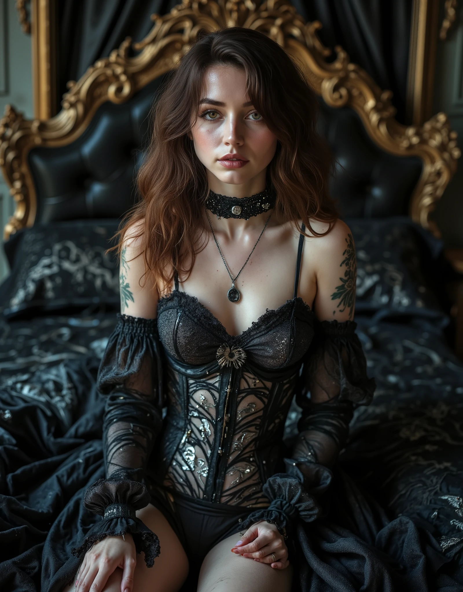 (Canon), (EOS R5), (85mm), ( No Lens Flare :1.5), (超high resolution), (masterpiece), (Anatomically accurate human structure), (realisticな質感の肌), Super Detail, High detail, winning work, Best Quality, 32K, depth of field, digital camera, professional writing in a crowded sideways cafe, ((Best Quality:1.5)), ((masterpiece:1.5)), ((realistic)), high resolution, (Deep cinematic depiction), ((dark fantasy atmosphere)), (Dark depiction ), (Has a gorgeous, long antique magic wand), ((full body shot with mahiru :1.5)), ((Upper body shot:1.2)), ((Semi-nude)), ((36-year-old Beautiful and Cute Cuban Actress with Top )), ((Ana de Armas)), brown black hair with waves , very sexy, Attractive, and seductive pose , Height: 168cm, Weight: 55kg, Muscular Slender Body, smaller bust, C cup, ((long hair with fluffy waves of chestnut hair:1.5)), (( beautiful castano-colored hair )), ((とてもほほ笑ましくAttractive笑顔で少し歯が見える :1.5)), ( well-shaped round butt ), (Pretty and Beautiful Magician)), ((The most beautiful and captivating female magician in the world)), (Slender slim style), ((Seats on a Luxurious, Antique Bed)), (standing beside the bed), smooth, (Straight castano-colored hair), (long, castano-colored hair), long bangs, (small, beautifully shaped bust), (C cup), (Tight, slender waist), (Extremely detailed and realistic skin :1.5), ((Extremely Detailed Realistic Hazel Eyes:1.5)), (Hazel Eyes), ((Extremely Sexy Beautiful Hazel Eyes :1.5)), (( catchlight in the eyes )), (( extremely detailed attractive and moisturized lips :1.5)), (( beautifully shaped big bust :1.5)), ((extremely detailed, attractive, and moisturized lips:1.5)), (( white teeth beautifully arranged )), ((antique and luxurious long coat style witch costume with elaborate silver patterns on black fabric:1.8)), (the front of the witch costume is open so you can see cleavage), (Off-the-shoulder showing shoulders), ((that can be removed and almost completely naked)), (gorgeous thick May wear red lace bras and panties), ((lots of antique magical necklaces:1.8)), ((lots of antique bracelets:1.5)), (large, antique earrings), ((antique pocket watch:1.8)), ((Sitting on a luxurious, antique bed:1.5)), Luxurious Black Stockings with Intricate Patterns, ((Magical Tattoos Cover Your Body:1.5)), (Sexiest Angle ), (Large bedroom in an old luxury hotel), (Very antique bed and chair and furniture), Very Seductive and Sexy Expression, Very Seductive and Sexy Poses, (may show a beautiful and realistic bust), (beautiful nipples and large areolas can be seen), (Can See Realistic Female Genitals), (Large castano-colored pubic hair may be visible), (( show your hands as little as possible )), accurate hand shape,Accurate hand finger shape ,Accurate finger count,5 fingers on one hand , Accurate leg shape,Accurate toe shape, accurate toe count, Five fingers on one foot, ( color temperature 5500K ),