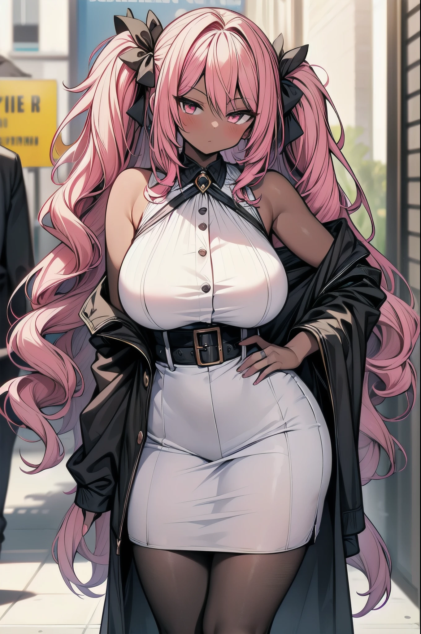 Very cute busty beauty, Super bright and flawless glowing fair skin, Bright pink blush, Big blue eyes, Long blond hair, Red ribbon on hair, Solid color short off-shoulder white top, High heel, Gentle arms, Thick thighs, Big Ass, G cup breasts, Hourglass figure, Pink lips, Cute scared expression, Empty road in the background, daytime，(masterpiece, best quality),(((From below, Depth of Field, Hook of Holland, green lighting))), Flowing hair, 1 Girl, Solitary, formal, Hands in pockets, Set, Black gloves, architecture, Looking at the audience, Black tie, fingerless gloves, White shirt, City, outdoor, Black jacket, belt, Black pants, Collared shirt, Brown eyes, permanent, Long sleeve, Gray hair, Cityscape, Open jacket, Cowboy shooting, Skyscraper, black Set, night, pant Set, Very long hair，（（Very large breasts）），（（Grooves reveal original skin））

