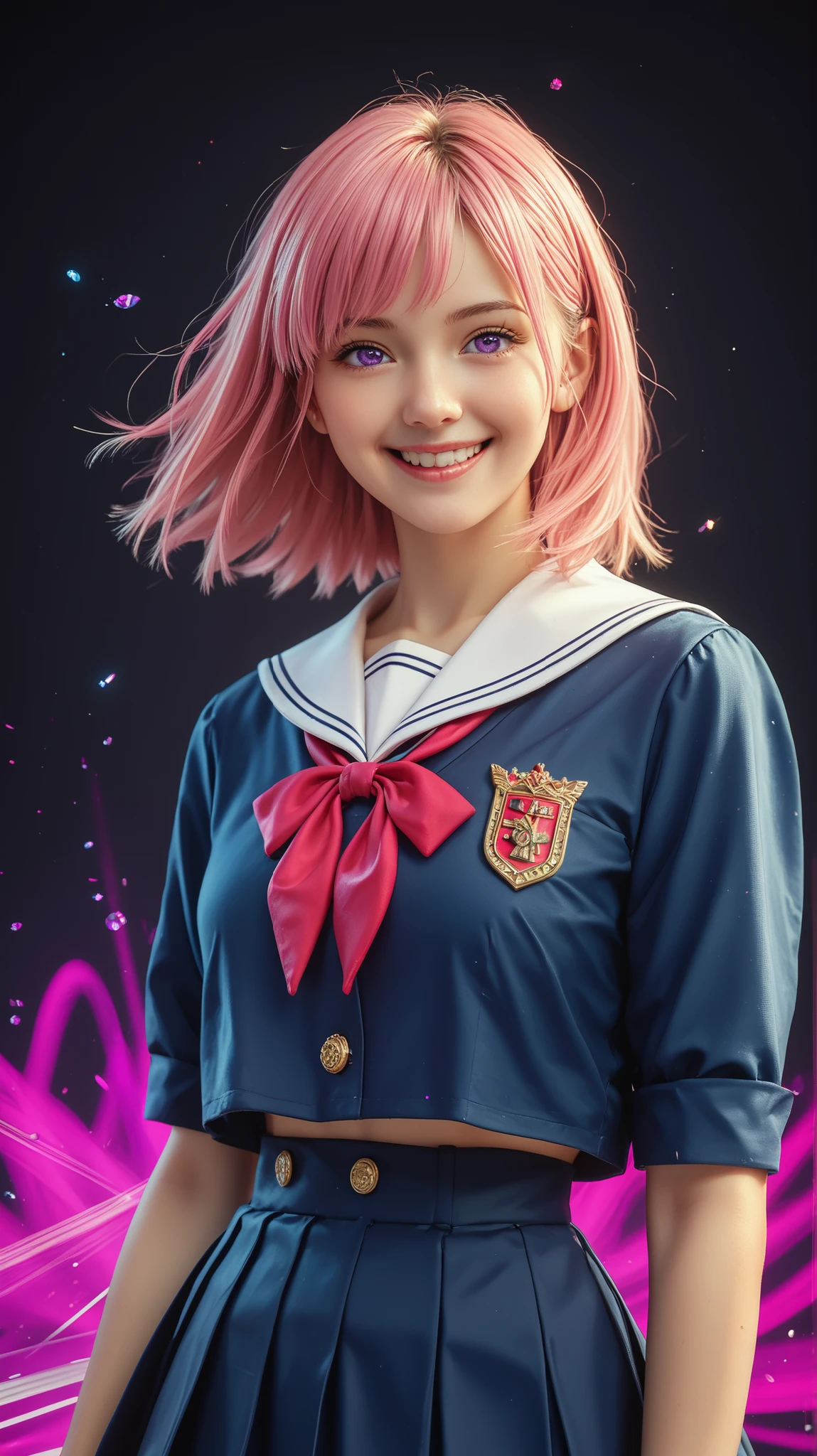 (masterwork, masterpiece, best quality, hyper-detailed, 8k uhd:1.4),
1girl, solo, CivChan, purple eyes, pink hair, medium hair, school uniform, standing looking sweet, coy, smiling sweetly, dark background,
holding a chainsaw, motion line, motion blur,
masterpiece, extremely aesthetic, highly detailed, dynamic composition, vibrant colors, vivid colors, saturated,