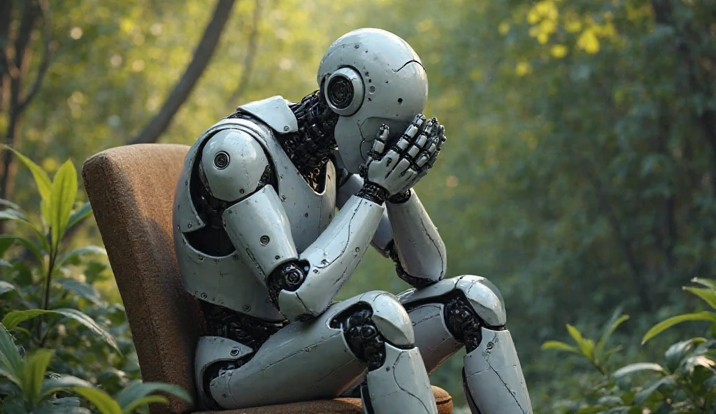 A robot with a sad expression in the city & holding a sign that says I'm Tired for the overall photo size 3000×3000 pixels