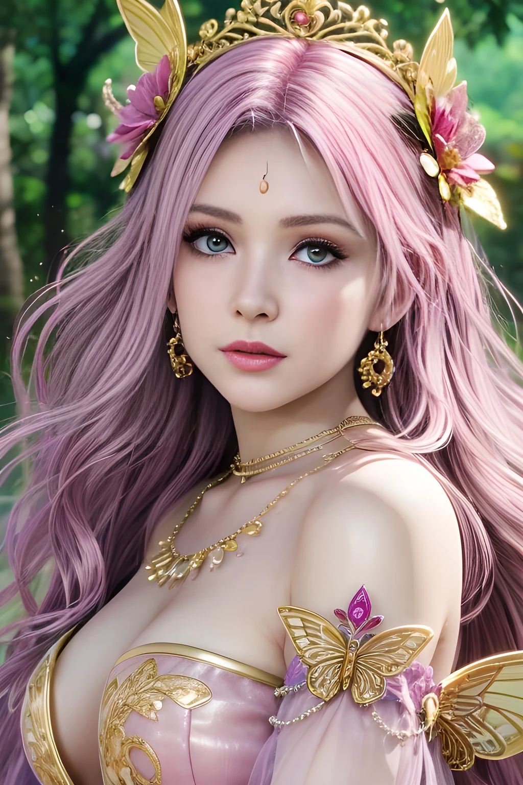 1 girl,Alice,(Dress by (Peacock feathers:1.2)),outdoor,jewelry,grace,(((red lips))), Lips slightly open, clavicle,(huge breasts),((8k, original photo, top quality, masterpiece), HD RAW color photos professional close-up photos, (actual, photorealism: 1.37), (best quality),8k,soft sunshine, Fabric luster,alone,