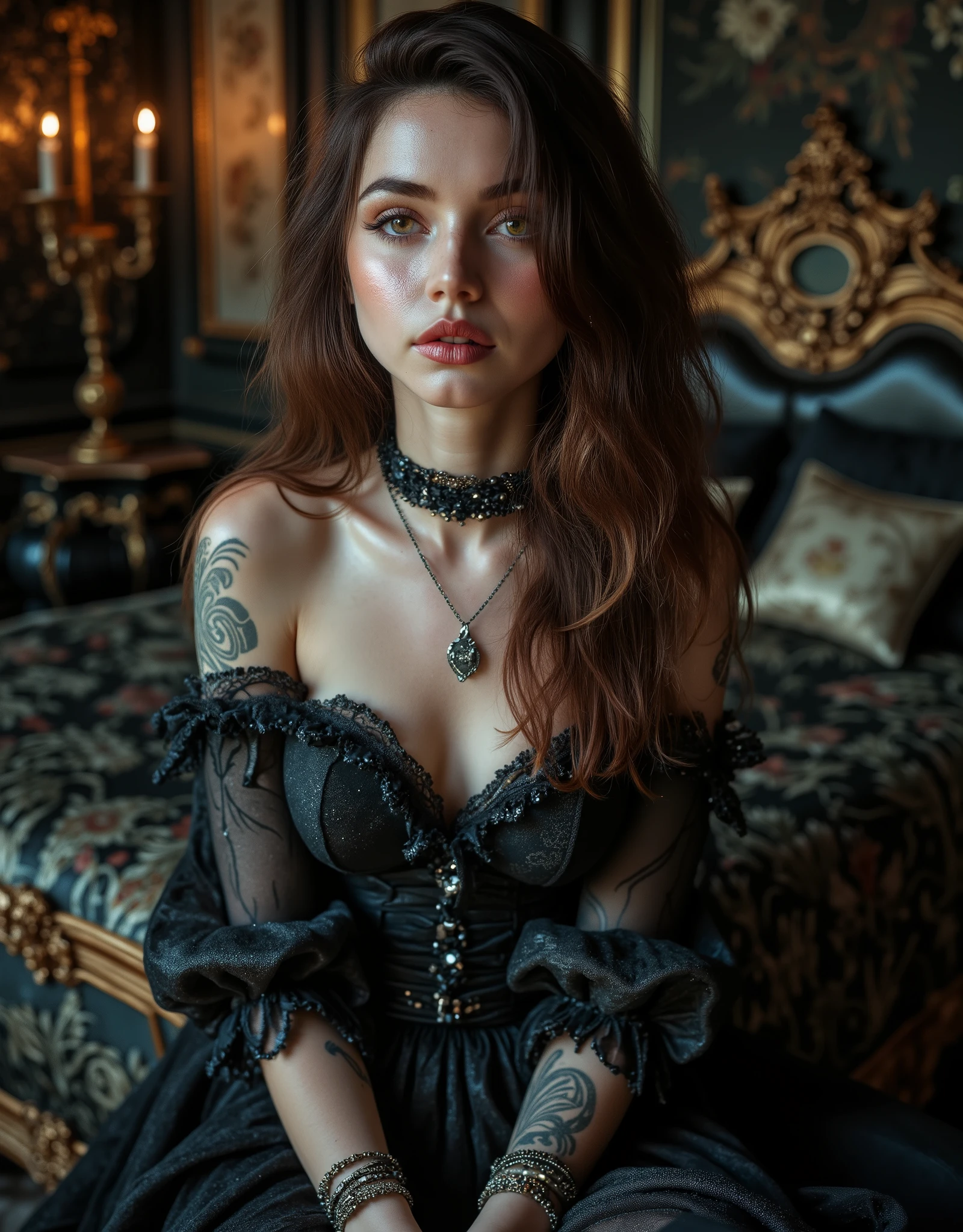(Canon), (EOS R5), (85mm), ( No Lens Flare :1.5), (超high resolution), (masterpiece), (Anatomically accurate human structure), (realisticな質感の肌), Super Detail, High detail, winning work, Best Quality, 32K, depth of field, digital camera, professional writing in a crowded sideways cafe, ((Best Quality:1.5)), ((masterpiece:1.5)), ((realistic)), high resolution, (Deep cinematic depiction), ((dark fantasy atmosphere)), (Dark depiction ), (Has a gorgeous, long antique magic wand), ((full body shot with mahiru :1.5)), ((Upper body shot:1.2)), ((Semi-nude)), ((36-year-old Beautiful and Cute Cuban Actress with Top )), ((Ana de Armas)), brown black hair with waves , very sexy, Attractive, and seductive pose , Height: 168cm, Weight: 55kg, Muscular Slender Body, smaller bust, C cup, ((long hair with fluffy waves of chestnut hair:1.5)), (( beautiful castano-colored hair )), ((とてもほほ笑ましくAttractive笑顔で少し歯が見える :1.5)), ( well-shaped round butt ), (Pretty and Beautiful Magician)), ((The most beautiful and captivating female magician in the world)), (Slender slim style), ((Seats on a Luxurious, Antique Bed)), (standing beside the bed), smooth, (Straight castano-colored hair), (long, castano-colored hair), long bangs, (small, beautifully shaped bust), (C cup), (Tight, slender waist), (Extremely detailed and realistic skin :1.5), ((Extremely Detailed Realistic Hazel Eyes:1.5)), (Hazel Eyes), ((Extremely Sexy Beautiful Hazel Eyes :1.5)), (( catchlight in the eyes )), (( extremely detailed attractive and moisturized lips :1.5)), (( beautifully shaped big bust :1.5)), ((extremely detailed, attractive, and moisturized lips:1.5)), (( white teeth beautifully arranged )), ((antique and luxurious long coat style witch costume with elaborate silver patterns on black fabric:1.8)), (the front of the witch costume is open so you can see cleavage), (Off-the-shoulder showing shoulders), ((that can be removed and almost completely naked)), (gorgeous thick May wear red lace bras and panties), ((lots of antique magical necklaces:1.8)), ((lots of antique bracelets:1.5)), (large, antique earrings), ((antique pocket watch:1.8)), ((Sitting on a luxurious, antique bed:1.5)), Luxurious Black Stockings with Intricate Patterns, ((Magical Tattoos Cover Your Body:1.5)), (Sexiest Angle ), (Large bedroom in an old luxury hotel), (Very antique bed and chair and furniture), Very Seductive and Sexy Expression, Very Seductive and Sexy Poses, (may show a beautiful and realistic bust), (beautiful nipples and large areolas can be seen), (Can See Realistic Female Genitals), (Large castano-colored pubic hair may be visible), (( show your hands as little as possible )), accurate hand shape,Accurate hand finger shape ,Accurate finger count,5 fingers on one hand , Accurate leg shape,Accurate toe shape, accurate toe count, Five fingers on one foot, ( color temperature 5500K ),