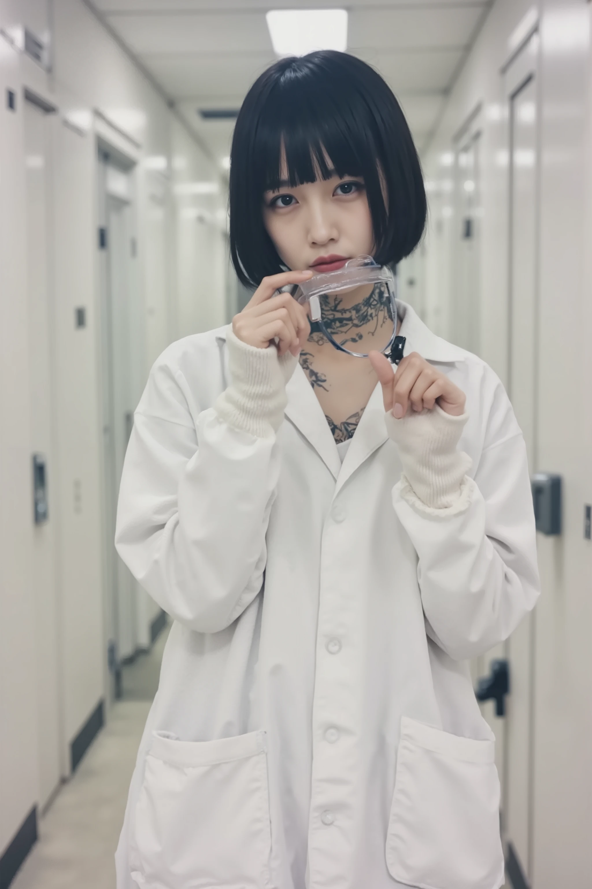 super realistic、super realistic、Hyperreality、Photographs with poor pixel count((photo taken with a Polaroid instant camera 、There is a white margin around the color、There is discoloration due to aging?spring: 1.6)), ((Film Gain, blurry images with a retro vibe : 1.6)), ((an anatomically perfect and accurate depiction of her body: 1.6)), beautiful shiny black hair 、 smooth, Fine-grained White Skin 、a beautiful, well-balanced style,Well, every part has a cute expression、(classic minimal makeup: 1.6), Wearing a white coat for experiments、I'm holding down my chemical experiment goggles with my head with my right hand、flash photo, extreme skin detail , high contrast, (Inorganic chemistry laboratory、In front of the white lockers lined up in the hallway、Facing Front: 1.6),