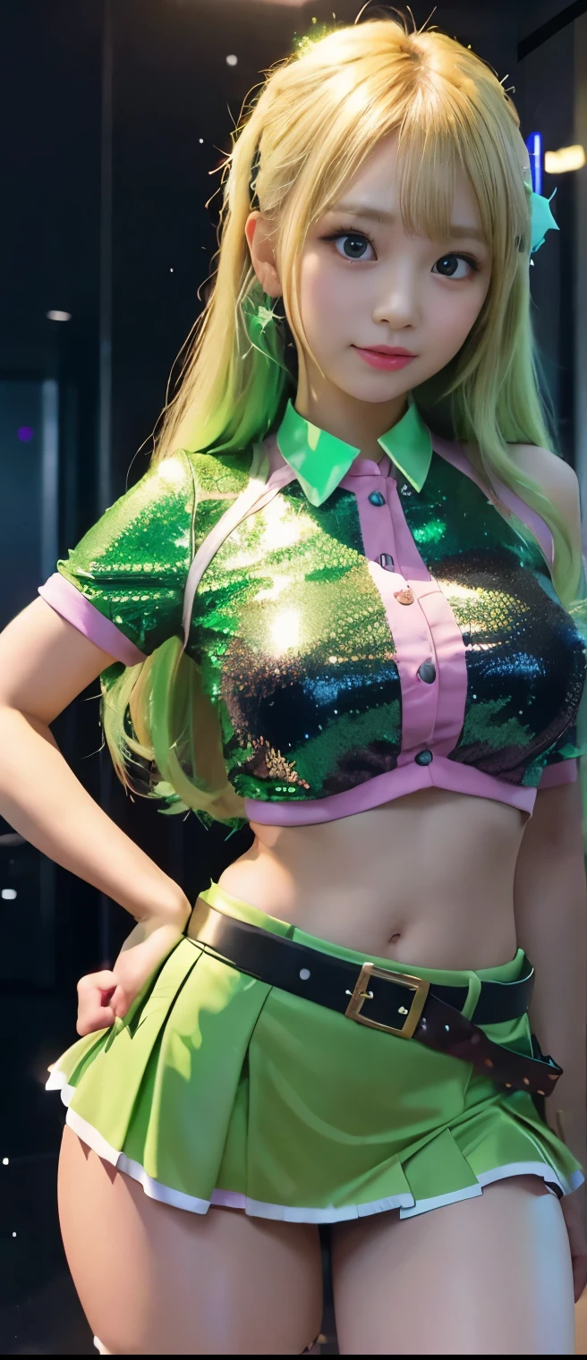 pure formal idol girl、A pure girl's face、 hypo、、Green Sequin Tight Miniskirt Uniform、、Glittering belt、Glowing Star Casino、