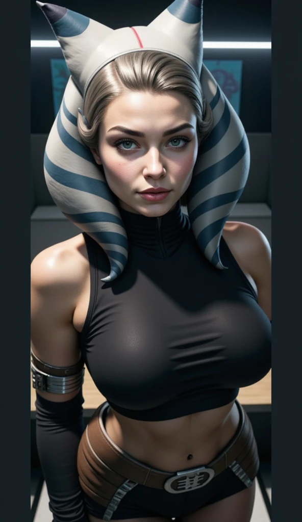 ahsoka ,cleavage,damaged body,sweat,beautiful face,mature ahsoka ,muscular (surrounded many Heinous estrus :1.3),(metal collar,chain leash:1.3),(pull leash:1.2), veins popping out on her skin. ahsoka is being brainwashed into becoming a Borg, with an eyepatch covering one eye. There are cables attached to her body, merging with her flesh. The overall scene has a luma effect, giving it a surreal glow. The woman's face is extremely detailed, with intricate features and expressions. Her eyes are particularly captivating, with a mesmerizing quality to them. The image is of the highest quality, with 4K resolution and ultra-detailed rendering. It has a realistic and photorealistic appearance, almost resembling a masterpiece. The art style leans towards a cyberpunk concept, with a fusion of sci-fi elements. The color tone is dominated by shades of blue, giving it a cold and futuristic atmosphere. The lighting is dramatic, with bright highlights and deep shadows, adding intensity to
((4breasts))