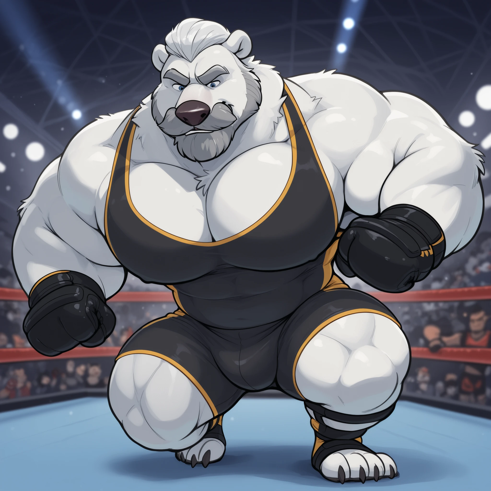 huge muscular polar bear at ZPD's gym, big strength, polar bear, huge white fur, thick arm, huge arm, added thick gray mustache, added thick gray beard. Short white hair, (thick muscular, pectoral, wide pectoral, thick arms), 220cm weight: 254kg, gray eyebrows added, detailed eyes, (wearing black MMA shorts with blue colored slits, MMA gloves, ankle support brace), punching and kicking techniques. Disney animated Zootopia art style