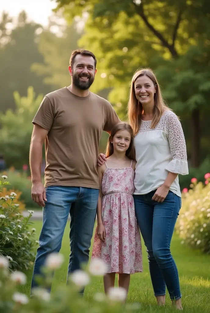 Four members of family standing in a garden with one son and daughter