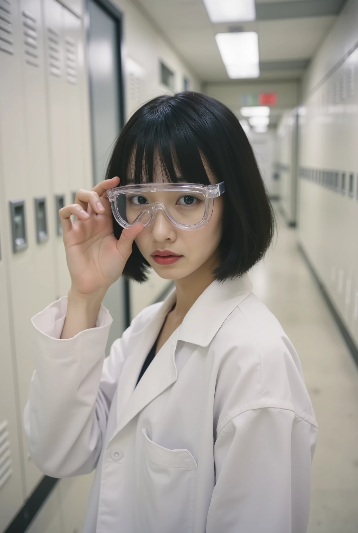 an extremely realistic cinematography masterpiece、every detail for the 2025 New Year are perfect. ((A picture taken with a Polaroid instant camera : 1.6)), ((Film Gain, blurry images with a retro vibe : 1.6)), ((an anatomically perfect and accurate depiction of her body: 1.6)),beautiful glossy black hair、Smooth, fine-textured white skin、A very balanced and beautiful style, A cute expression with all the parts、(classic minimal makeup: 1.6), holding the chemical experiment goggles on his forehead with his right hand with the parts ready、flash photo, extreme skin details , high contrast, (in front of a white locker in the hallway of an inorganic chemistry laboratory facility : 1.6),
