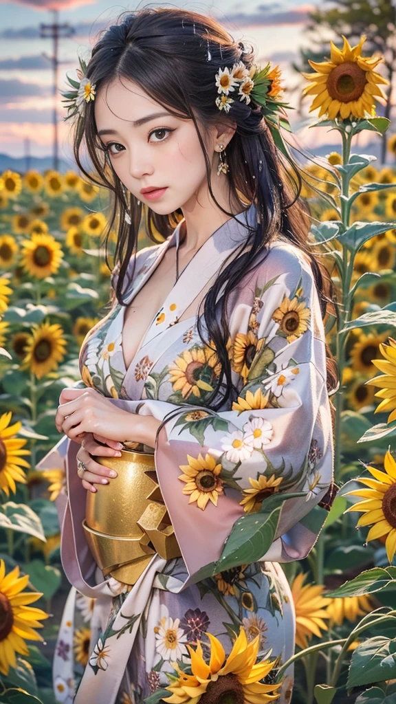 woman wearing ((1 large Sunflower flower) printed white onepiece) swimsuits, giga_busty