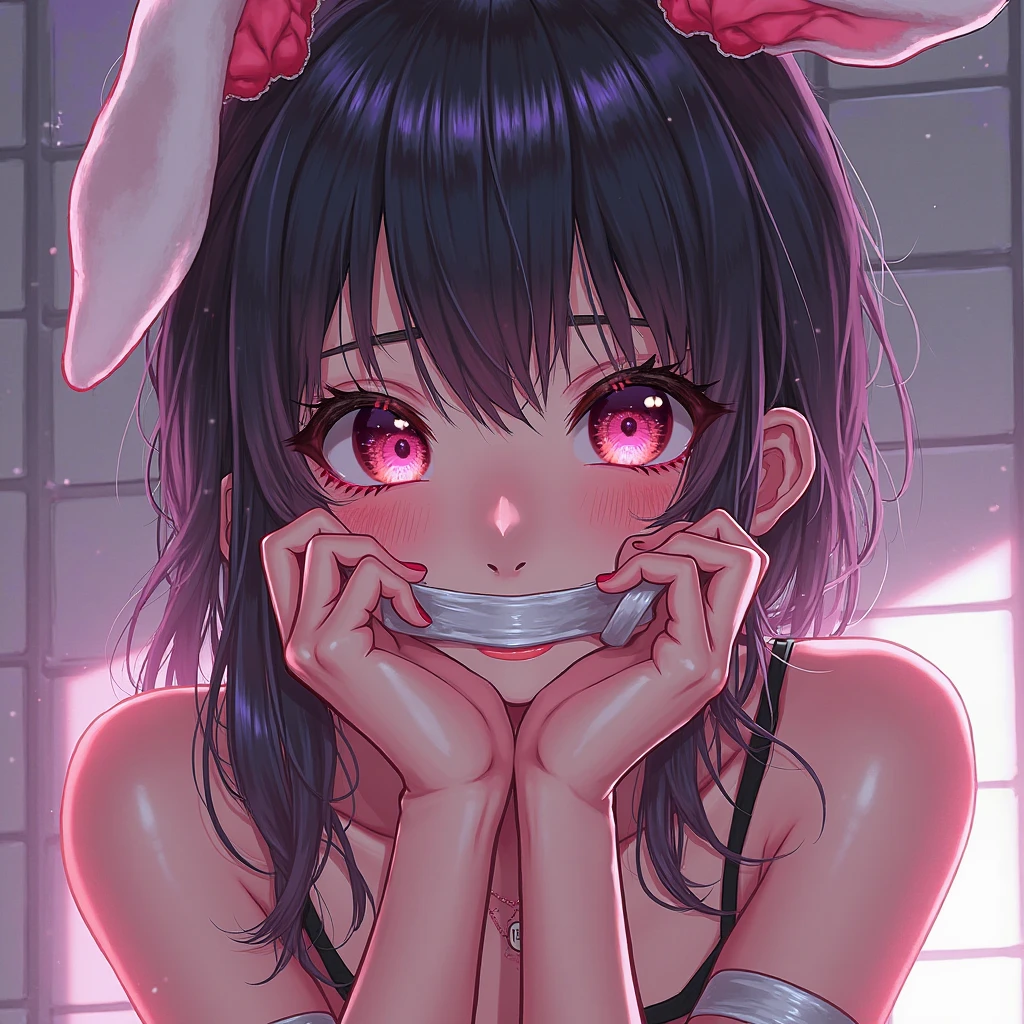 side view,Licking the glow stick,open mouth,tongue out,cum on tongue,1girl,((((())))),(((((Short,))))),slender,small breasts ,looking at viewer, looking ahead,from above,cowboy shot,Black Hair,Twin tails,Gray Eyes,Drooping eyes,slit pupils,narrow eyes.Mischievous smile,Sheer black and pink negligee,Sexy Lingerie,Kneeling,Straight Stand,Collar with leash,Dimly lit room,On the bed,Simple Background,Gray background,Dim lighting,Beautiful and detailed anime art