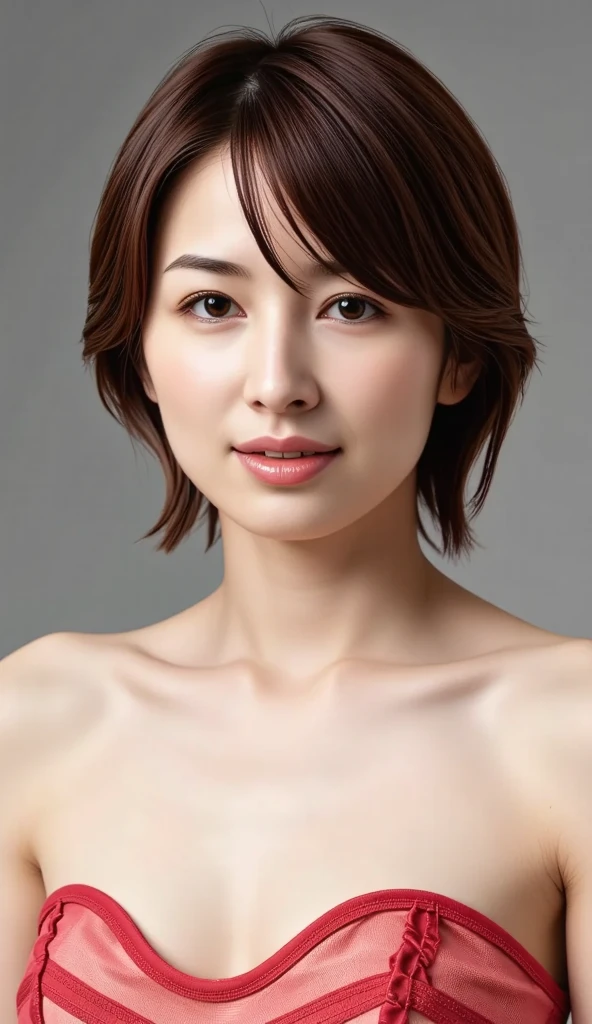 (Highest quality,8k,masterpiece),The photo was taken in a basement with only a grey background.,Anatomically correct,Beautiful mature, totally naked, plain mature woman, 80 years old,Pixie cut very short hair,Bust is very small, ((Temptation performance, Face your whole body straight ahead,Angry expression, glaring straight ahead with fierce eyes, mouth open:0.5)), ((Full body shot of Japanese mature woman)) ,Hairstyle: black pixie cut,((Showing off her elegant and sexy body straight ahead)) 、beauty、,((Spread your legs 120 degrees、Woman squatting with hands behind head,((There is a little more pubic hair on the genitals and axillary hair on the armpits.)))),