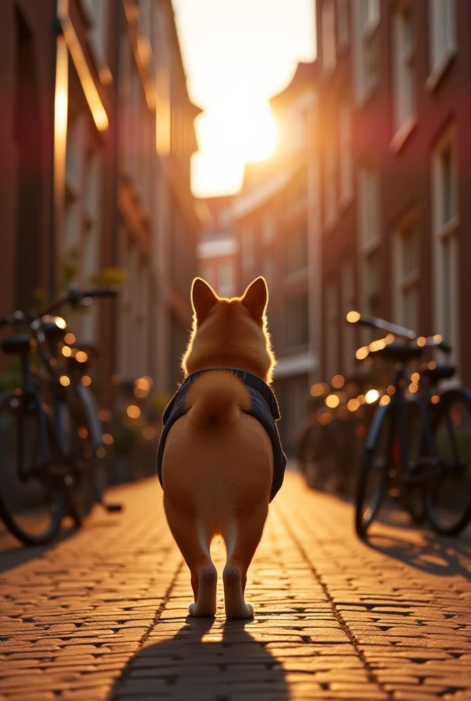 Medium shot）：Under the sunset，Chubby Shiba Inu wearing clothes walking slowly and leisurely in an alley in Amsterdam with his back to the camera，The background is a unique red brick building and an old bike movie, cinematography, super realistic, modern, realism, Realism, 