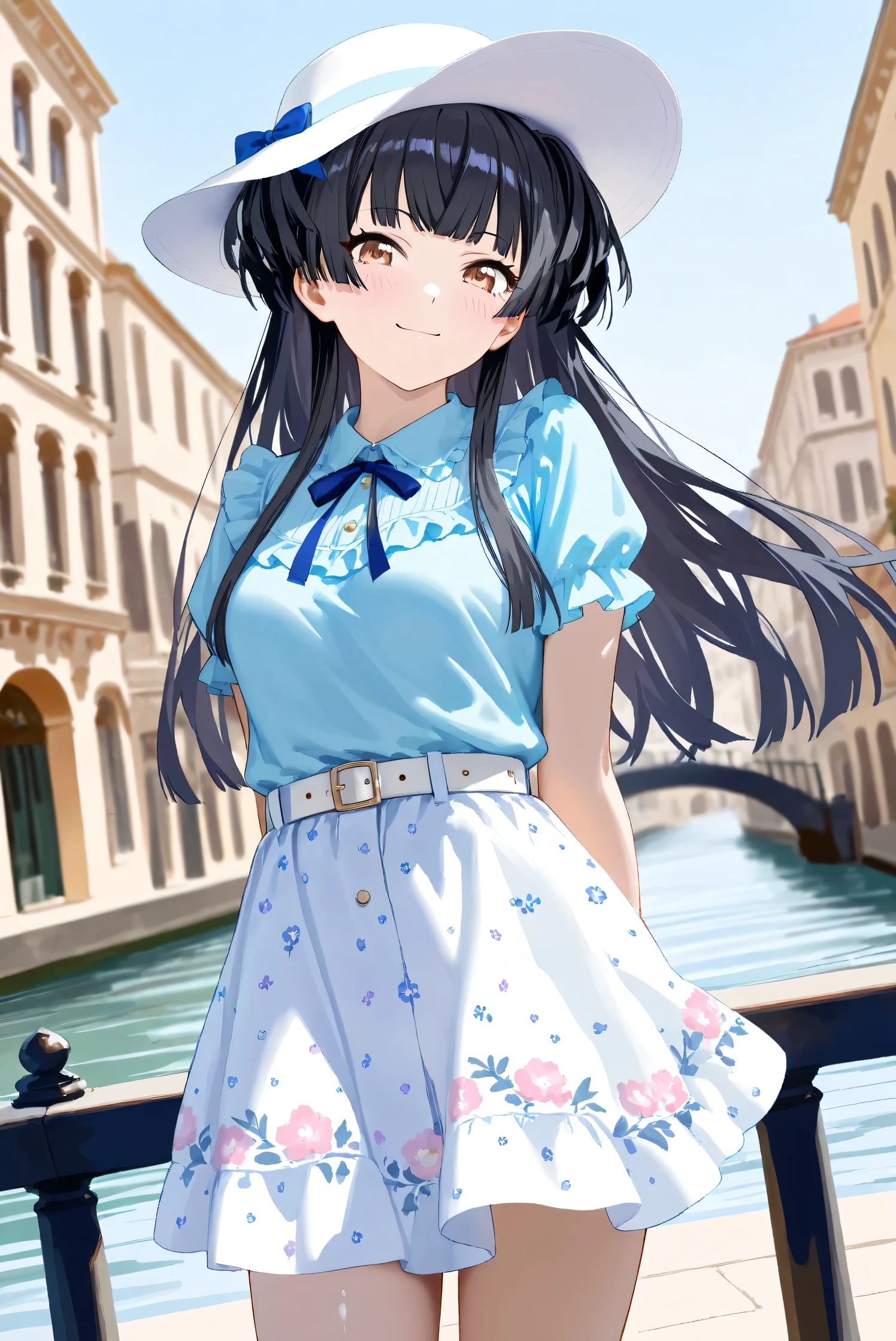 (Masterpiece), (Highest quality), (Very detailed),
(The best shape), (Best Shadow), (Absurd),
(Detailed background), (So beautiful), Shiny ,
Extraordinary, Countershading, 8k, 32K, High resolution, Beautiful eyes in every detail,
Very Detailed CG, UHD,
Score_9, Score_8_up, Score_7_up, Source_anime,
(Pastel painting:1.2), (Watercolor painting:1.2),
(Masterpiece, Detailed:1.2), (Foreshortening:1.2),
Cinematic, Dramatic, (Depth of field:1.4),
(Blurry background:1.4), (Realistic background:1.4),
(Foreshortening:1.3),Dynamic angle, 1 girl,
Venice, Venice Building, Outdoor, canal, Nature, Blue sky, On Bridge,
Mayuzumi Fuyuko,
The idolmaster shiny colors,
mayuzumi_fuyuko, 1girl, black hair, two side up, brown eyes, small breasts,
(Casual wear:1.3),
Light blue shirt, Short sleeves shirt, Frills
ribbon, Blue ribbon,
Skirt, White skirt, Floral print skirt, Belt, White belt,
Wide Brim Hat, (White hat:1.2), Blue ribbon,
Portrait, Focus on face,
(Blush:1.3), Happy, smile, arms behind back,
Realistic skin, Shiny skin,