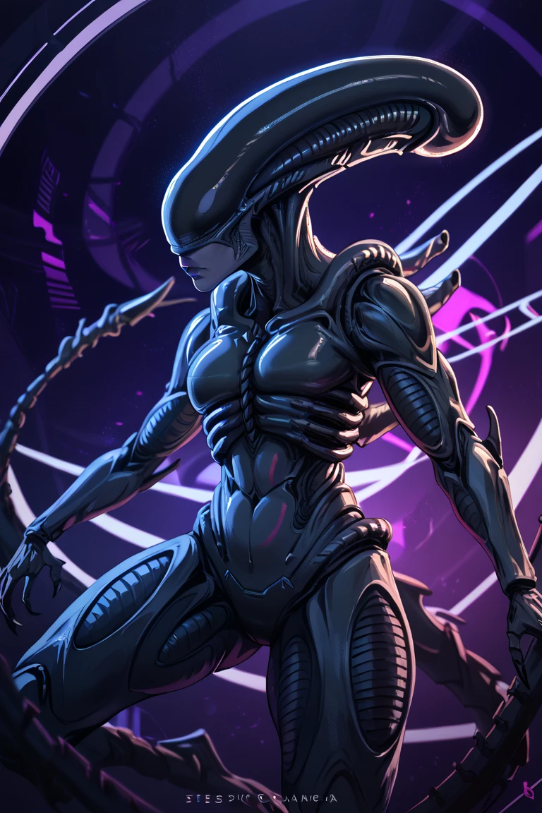 futuristic creature design, humanoid alien, sleek and menacing, biomechanical features, exoskeleton armor, dark tones, intricate patterns, abstract art style, dynamic pose, illustrative shading, expressionless face, coiled tail, sharp appendages, mysterious and imposing atmosphere, Alien from AVP, Xenomorph,
