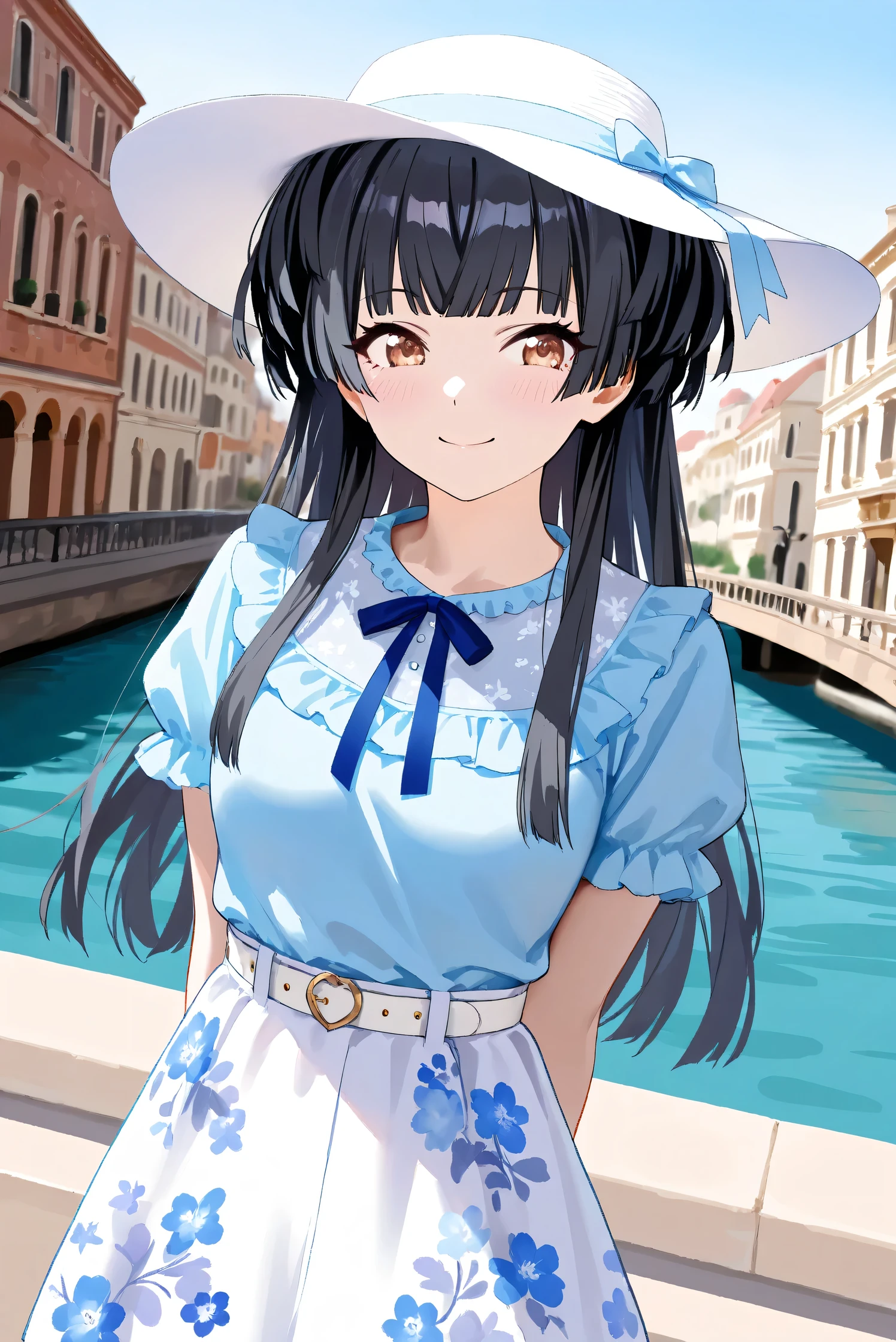 (Masterpiece), (Highest quality), (Very detailed),
(The best shape), (Best Shadow), (Absurd),
(Detailed background), (So beautiful), Shiny ,
Extraordinary, Countershading, 8k, 32K, High resolution, Beautiful eyes in every detail,
Very Detailed CG, UHD,
Score_9, Score_8_up, Score_7_up, Source_anime,
(Pastel painting:1.2), (Watercolor painting:1.2),
(Masterpiece, Detailed:1.2), (Foreshortening:1.2),
Cinematic, Dramatic, (Depth of field:1.4),
(Blurry background:1.4), (Realistic background:1.4),
(Foreshortening:1.3),Dynamic angle, 1 girl,
Venice, Venice Building, Outdoor, canal, Nature, Blue sky, On Bridge,
Mayuzumi Fuyuko,
The idolmaster shiny colors,
mayuzumi_fuyuko, 1girl, black hair, two side up, brown eyes, small breasts,
(Casual wear:1.3),
Light blue shirt, Short sleeves shirt, Frills
ribbon, Blue ribbon,
Skirt, White skirt, Floral print skirt, Belt, White belt,
Wide Brim Hat, (White hat:1.2), Blue ribbon,
Portrait, Focus on face,
(Blush:1.3), Happy, smile, arms behind back,
Realistic skin, Shiny skin,