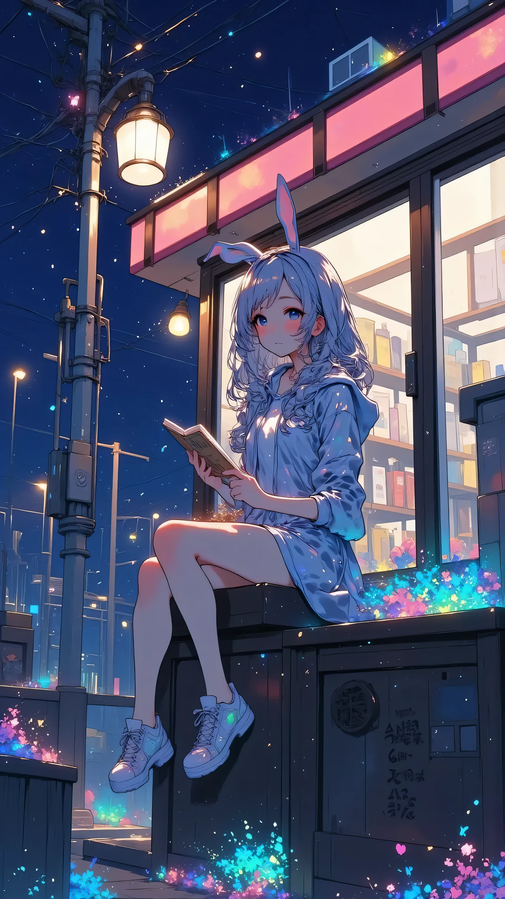 A stylish girl sitting outside a Tokyo convenience store at night, reading a book under a streetlight, wearing a hoodie and skirt, light breeze, quiet urban vibe --v 5 --ar 4:5 --style moody