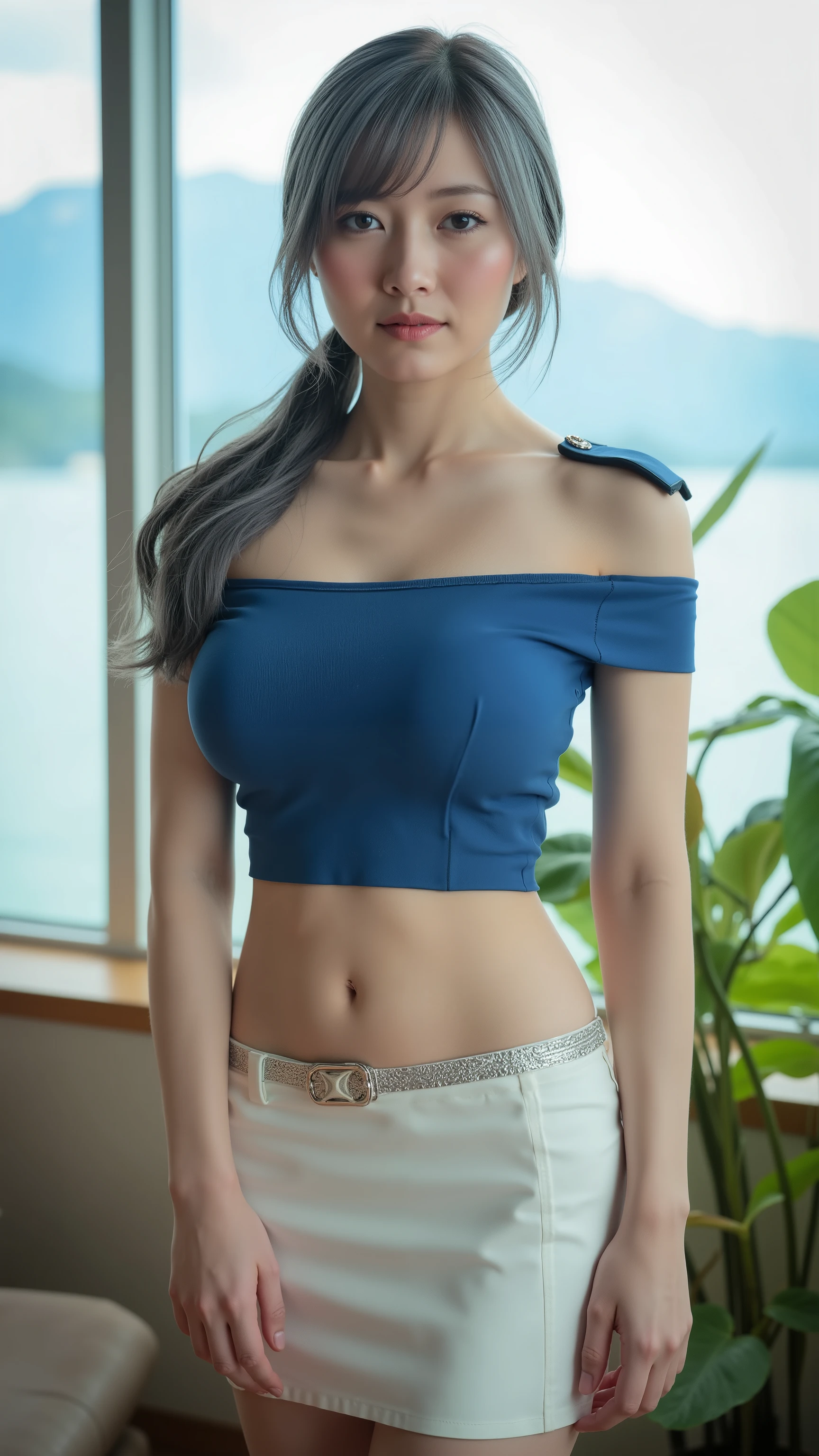 1girl, RAW photo, (highest quality), ((photorealistic: 1.2)), ((realistic skin texture: 1.5)), young female, ((slender)), sultry expression, (seductive smile, ,portrait shot), (The image shows a cute lovely young woman with long grey hair mixed with blue smooth low Ponytail long Hair Over Shoulder.) She has a slender figure with a large chest and a big belly. She standing confidently with her buttocks on a white bench. The picture shows her entire person. She tilt head looking to the camera. She wears a tight soft blue mini short-sleeve, and a high-waisted tight white sexies mini skirt. A silver belt and shoulder epaulettes give off a professional yet chic vibe. The background features that reveal a serene indoor scene with mountain lake and a body of water, suggesting a peaceful and natural environment. The room is well-lit, with a potted plant adding a touch of greenery. The overall atmosphere is calm and professional.